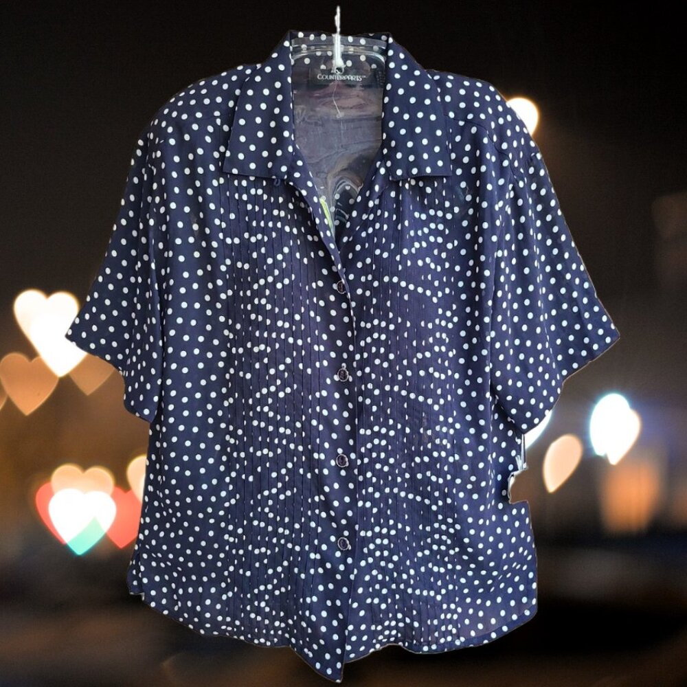Counterparts Women's Button Up Short Sleeves Top Blouse Navy Polka Dot Size 8
